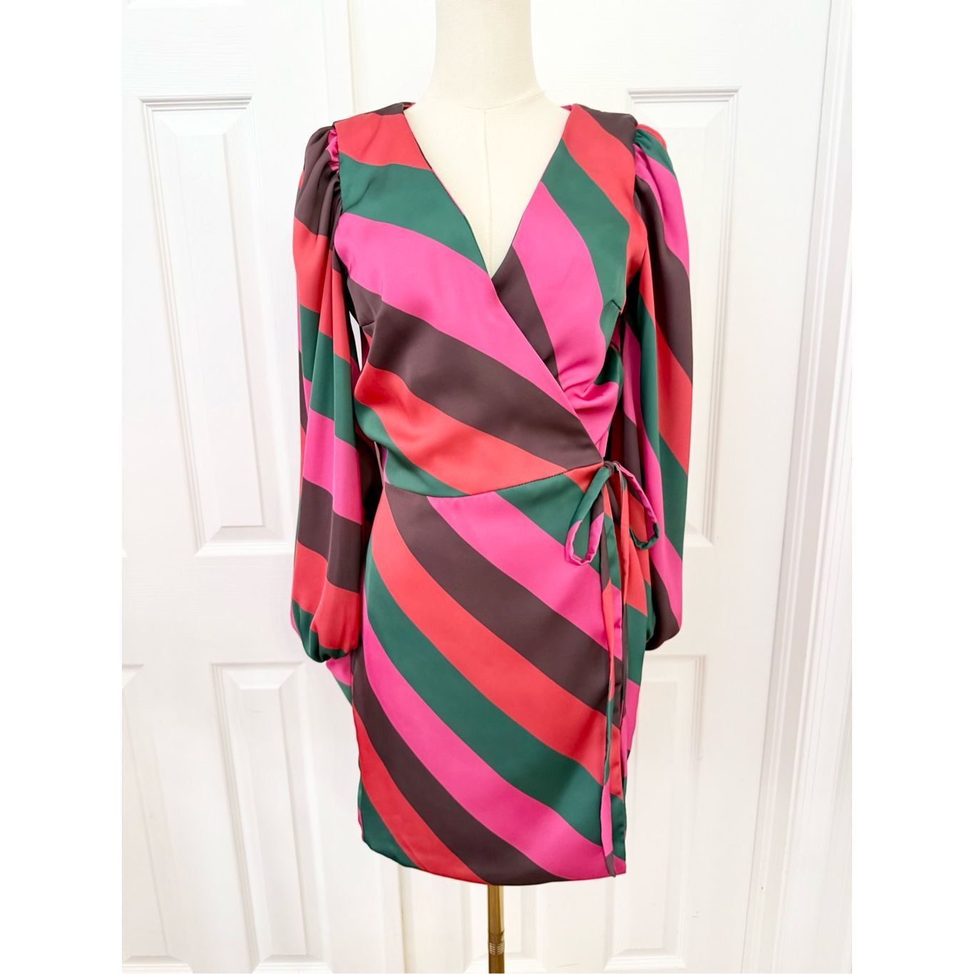 Silka Womens Multicolor Striped Balloon Long Sleeve Wrap Mini Dress Small